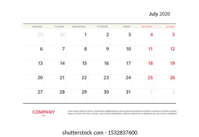 Page July 2020 calendar planner stationary design template. Monthly planner. Corporate and business template design. Week starts on Sunday. Vector illustration. Isolated background.