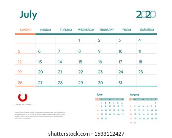 Page July 2020 wall calendar planner stationary design template. Color event monthly planner. Corporate and business template design. Week starts on Sunday. Vector illustration. Isolated background.