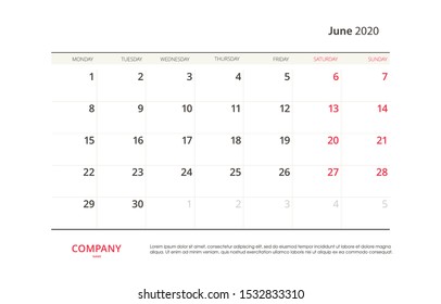 Page June 2020 calendar planner stationary design template. Monthly planner. Corporate and business template design. Week starts on Sunday. Vector illustration. Isolated background.