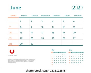 Page June 2020 wall calendar planner stationary design template. Color event monthly planner. Corporate and business template design. Week starts on Sunday. Vector illustration. Isolated background.