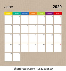 Сalendar page for June 2020, wall planner with colorful design. Week starts on Monday. Vector calendar template.