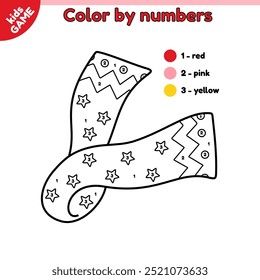 Page of kids Christmas coloring book by numbers. Cartoon winter scarf. Color the outline picture. Educational New Year activity book for children. Contour baby vector illustration of winter clothes.