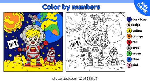 Página de los niños coloreando el libro por números. Astronauta de caricatura con cohete en la Luna en el espacio. El contorno blanco negro y el espacio colorido sobre el fondo de la estrella. Actividad para niños. Contacto vectorial.