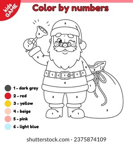 Page of the kids coloring book by numbers for children. Cartoon happy Santa Claus ringing bell with a bag of gifts. Color cute merry Christmas character. Black and white outline vector illustration.