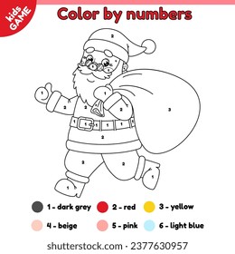 Page of the kids coloring book by numbers for children. Cartoon happy Santa Claus running with a bag of gifts. Color cute merry Christmas character. Black and white outline vector illustration.