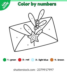 Page of the kids coloring book by numbers with Christmas letter to Santa Claus. Color cartoon holiday New Year letter with mistletoe. Activity book for preschool children. Vector outline design.