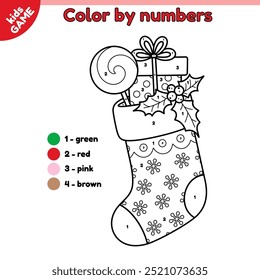 Seite der Kinder Malbuch nach Zahlen. Weihnachtssocke mit Geschenk, gestreiftem Lutscher und Mistelzweig. Farbe der Cartoon Weihnachten Strumpf. Erziehungsarbeit für Kinder. Vektorkonturgrafik.
