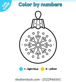 Page of kids coloring book by numbers. Cartoon Christmas tree decoration ball with snowflake. Color the outline New Year decoration. Educational activity for children. Contour baby vector illustration