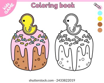 Page of kids coloring book with cartoon Easter cake with gingerbread chick. Color the outline picture. Festive cupcake for spring holiday. Traditional baking. Activity for school children. Vector.