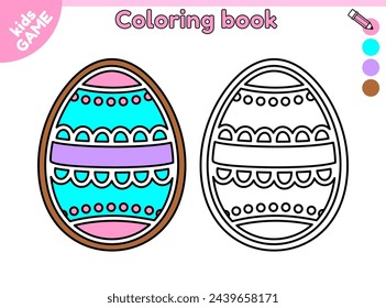 Page of kids coloring book with cartoon Easter gingerbread egg. Color the outline picture. Festive treats for spring holiday. Activity book for kindergarten and school children. Vector illustration.