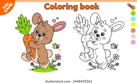 Page of kids coloring book with cartoon rabbit carrying big carrot. Happy bunny brings carrot. Color the outline picture with cute animal. Activity for school children. Vector contour design.