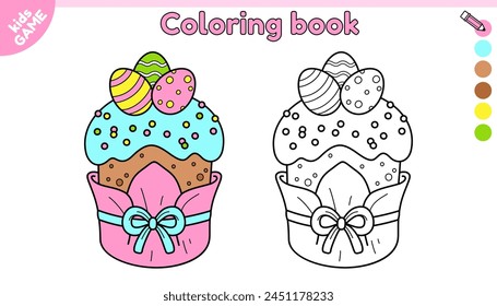 Page of kids coloring book with cartoon Easter cake with painted eggs. Color the outline picture. Traditional kulich decorated with a bow for spring holiday. Activity for children. Vector contour.