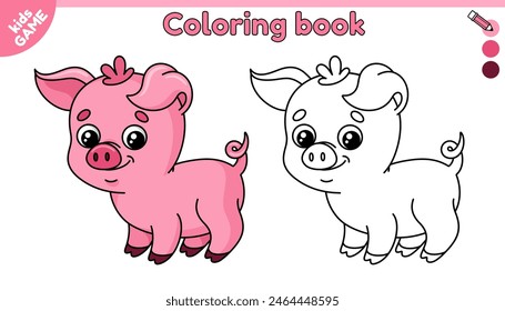 Page of kids coloring book with cartoon pink pig. Color the outline picture. Cute piggy. Happy small swine. Activity sheet for preschool and school children. Vector illustration of funny farm animal.