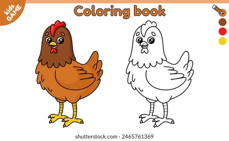 Seite der Kinder Malbuch mit Cartoon Huhn. Farbgebung für das Umrissbild Süße Henne. Bildungsaktivitätsblatt für Vorschul- und Schulkinder. Vektorgrafik Babykontur Illustration des lustigen Bauernvogels.