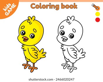 Page of kids coloring book with cartoon chick. Small chicken. Color the outline picture. Educational activity sheet for preschool and school children. Vector baby contour illustration of farm bird.