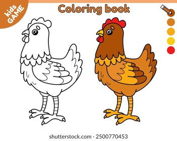 Página de niños para colorear libro con pollo de dibujos animados. Colorea la imagen de contorno. Linda gallina. Libro de actividades educativas para niños de preescolar y jardín de infantes. Ilustración del contorno del bebé del Vector del pájaro de granja.