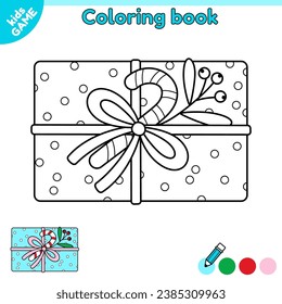 Page of kids coloring book with Christmas gift. Outline Xmas box with candy cane and mistletoe. Color contour new year gift. Activity book for children. Black and white vector holiday illustration.