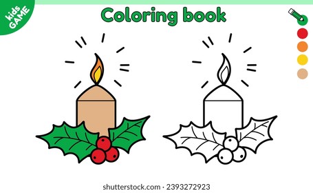 Page of kids coloring book with Christmas candle. Cartoon holiday Xmas candle with mistletoe. New Year activity book for preschool and school children. Color the outline picture. Vector illustration.