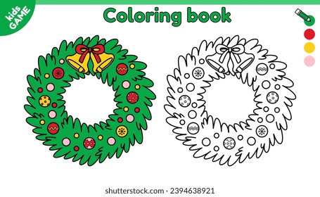 Page of kids coloring book with Christmas fir wreath. Color the outline holiday Xmas decorated spruce wreath. New Year activity book for school children. Black and white vector cartoon illustration.