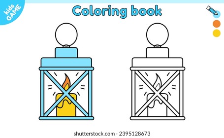 Page of kids coloring book with Christmas lantern. Color the outline holiday Xmas blue lantern with candle. New Year activity book for school children. Black and white vector cartoon illustration.