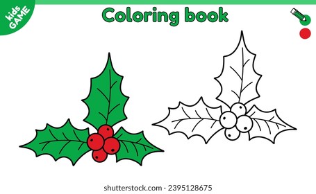 Page of kids coloring book with Christmas mistletoe. Color the outline holiday Xmas plant. New Year activity book for preschool and school children. Black and white vector cartoon illustration.