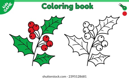 Page of kids coloring book with Christmas branch mistletoe. Color the outline holiday Xmas plant. New Year activity book for preschool and school children. Black and white vector cartoon illustration.