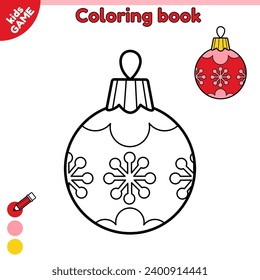 Page of kids coloring book with Christmas decoration ball with snowflakes. Outline cartoon Xmas tree toy. Color the contour New Year decoration. Holiday activity book for children. Vector illustration