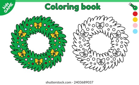 Page of kids coloring book with Christmas fir wreath. Color the outline holiday spruce wreath decorated bows knot and Xmas balls. New Year activity book for children. Vector contour illustration.