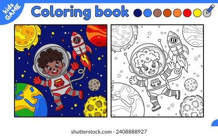 Page of the kids coloring book. Color the astronaut african boy in space. Cartoon spaceman with spaceship on the background planet Earth, Moon, Sun, stars. Activity for children. Vector outline design