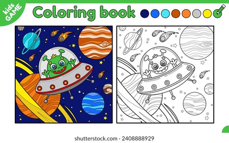 Página de niños coloreando el libro. Coloca al alien en un platillo volador. OVNI de dibujos animados. Extraterrestre lindo en el espacio en los planetas de fondo, estrellas, cometas. Libro de actividades para niños. Diseño de contorno vectorial.