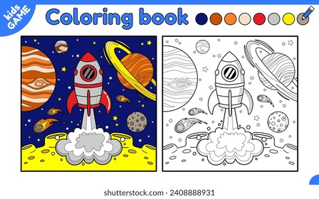 Seite des Kinderfarbenbuchs. Farbe der Cartoon Space Raketenstart. Die Raumsonde startet von der Mondoberfläche auf den Hintergrundplätzen, Sternen. Aktivität für Kinder. Vektorgrafik-Design.