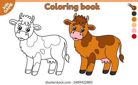 Página de niños para colorear libro con vaca de granja. Colorea el contorno de dibujos animados animal de granja. Libro de actividades educativas para niños de jardín de infantes y escolares. Ilustración del bebé del contorno del Vector.