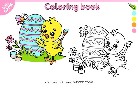 Page of kids Easter coloring book with cartoon chick. Cute small chicken paints the egg with a brush. Color the outline picture. Activity for school children. Vector design on spring holiday theme.