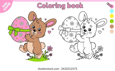 Page of kids Easter coloring book with cartoon rabbit. Color the outline picture. Cute hare carries egg decorated with ribbon and bow. Activity for children. Vector design on spring holiday theme.