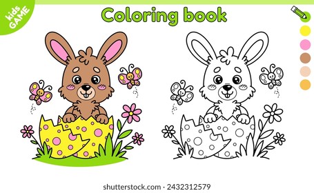 Page of kids Easter coloring book with cartoon rabbit hatched from egg. Color the outline picture. Happy hare in cracked egg. Activity for school children. Vector illustration on spring holiday theme.