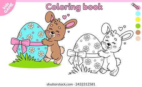 Page of kids Easter coloring book with cartoon rabbit. Happy hare hugs the easter egg decorated with ribbon and bow. Color the outline picture. Vector illustration on spring holiday theme for children
