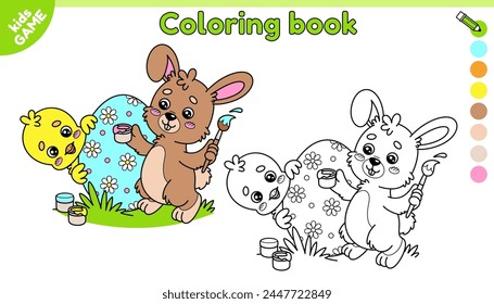 Page of kids Easter coloring book with cartoon chick, rabbit. Small chickens and cute bunny paints the egg with a brush. Color the outline holiday spring picture. Activity for children. Vector contour
