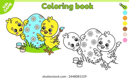 Seite der Kinder Ostern Malbuch mit Cartoon-Küken. Süße kleine Hühner bemalt das Ei mit einem Pinsel. Farbe des Umrisses des Urlaubsbildes im Frühjahr. Aktivität für Schulkinder. Konturgestaltung der Vektorgrafik.