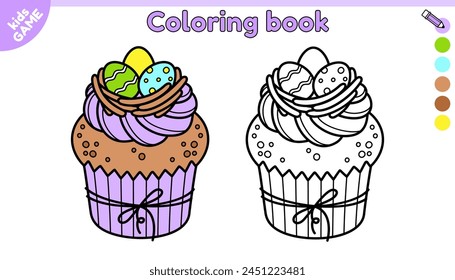 Página de los niños Libro para colorear de Pascua. Magdalena festiva de dibujos animados con crema decorada con huevos pintados. Colorea la imagen del contorno. Libro de actividades para niños. Ilustración de contorno de Vector de golosinas festivas.