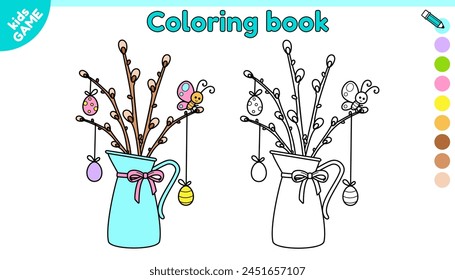 Page of kids Easter coloring book. Cartoon jug with pussy willow decorated with a bow. Willow branches decorated with festive eggs. Color the outline picture. Vector illustration of Easter decoration.