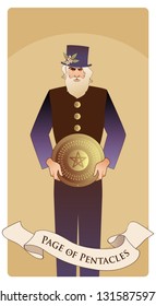 Page or knave of pentacles with top hat holding a golden shield. Minor arcana Tarot cards. Spanish playing cards. 