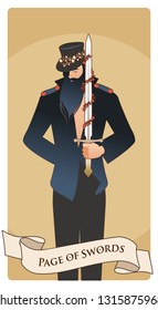 Page or knave of swords with top hat holding a sword with flowers and leaves. Minor arcana Tarot cards. Spanish playing cards. 