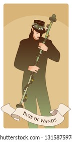 Page or knave of swords with top hat holding a sword with flowers and leaves. Minor arcana Tarot cards. Spanish playing cards. 