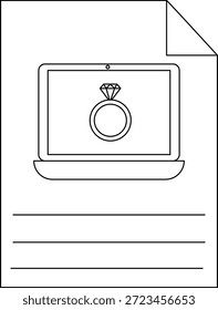 Una página con una computadora portátil que muestra un anillo de diamantes y un espacio de escritura forrado