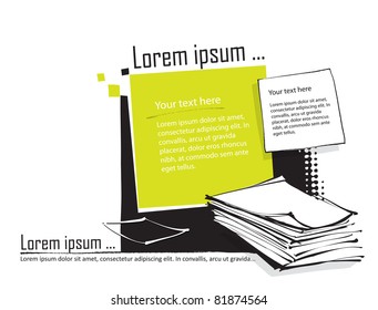 page layout with pencils, office copy paper and blank text boxes