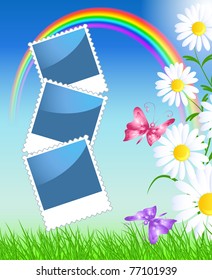 Page layout photo album with camomiles, rainbow and butterflies