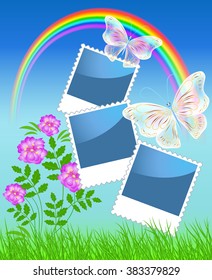 Page layout photo album with  rainbow and magic butterflies