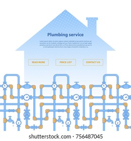 Page layout for plumbing service web site. House silhouette with pipeline illustration. 
