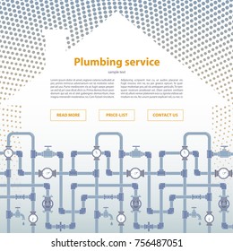 Page layout for plumbing service web site. House silhouette with pipeline illustration.