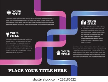 Page layout and presentation template design with intertwined pink and blue ribbon vector illustration. White text on black background.